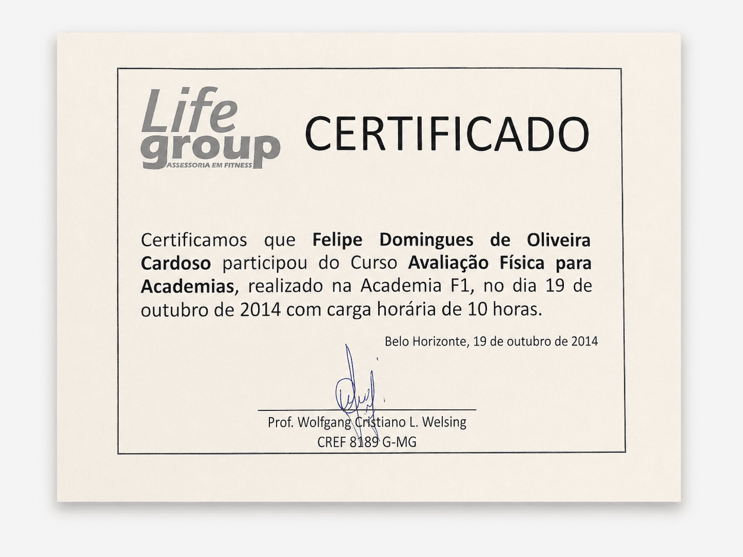 Certificado: Avaliação Física para Academias